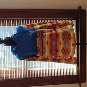 Fleece pullover with hood and pocket.